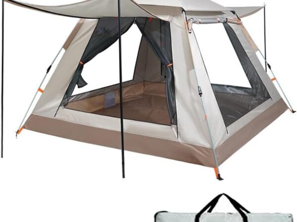 Gziztx Camping Zelt 4-6 Personen Pop Up Zelt Wurfzelt mit 2 Türen und 2 Fenstern, Wasserdicht, Sonnenschutz, Einfach Aufzubauen, für Reisen im Freien, Wandern, Strand, Angeln (240*240*154CM Cremeweiß)