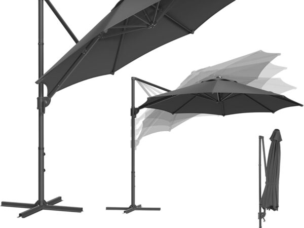 SONGMICS Parasol, Cantilever Parasol, 300 cm, UPF 50+, Garden Umbrella, 360° Rotatable, Tilt Angle Infinitely Adjustable, with Crank, Cross Base, Grey GPU074G02