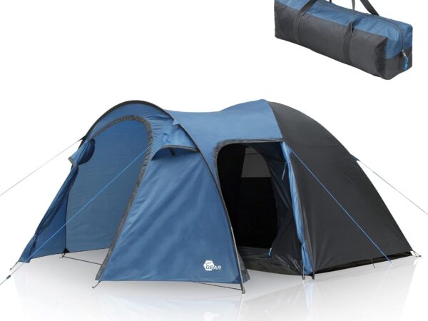 your GEAR Cetona Camping Tent in 2 Sizes for 4 or 5 Men, Dome Tent with 3000 mm Water Column, Living Room, Porch, 2 Entrances, Standing Height, Dark Sleeping Cabin, Festival Tent in Blue / Grey
