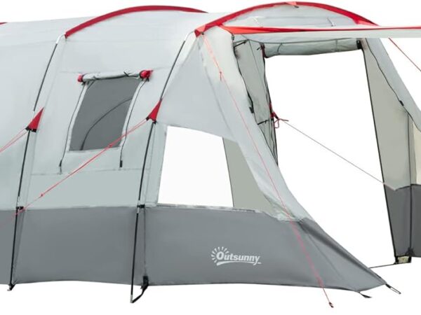 Outsunny Tunnel Tent for 8 People, Camping Tent with Sleeping Cabin, Living Room, Family Tent with Carry Bag, Groundsheet, Group Tent with 3 Doors, 2000 mm Hydrostatic Head