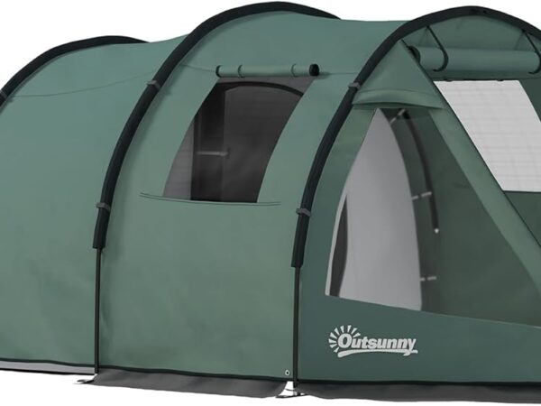 Outsunny Tunnel Tent for 4 People, Camping Tent with Two Rooms, Group Tent with UV Protection, Window, Family Tent with Carry Bag, 2000 mm Hydrostatic Head, for Trekking