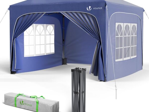 VOUNOT® Gazebo 3 x 3 m with 4 Side Panels and 4 Sand Bags, Pop Up Folding Gazebo, Waterproof, Foldable Garden Tent, Party Tent, Includes Bag, Blue