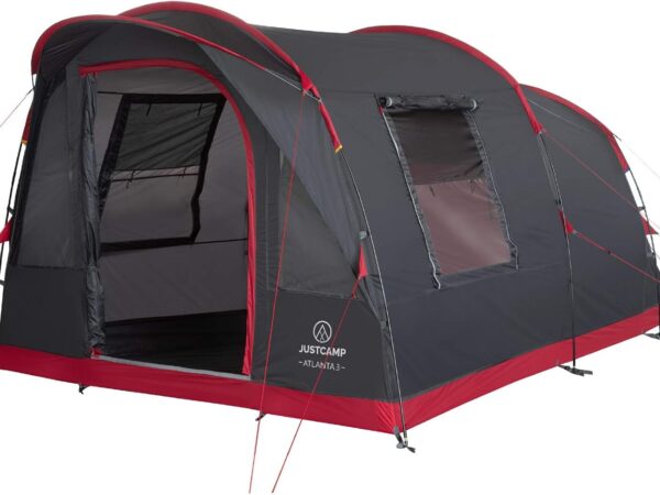 JUSTCAMP Atlanta 3, 5 oder 7 Personen Familienzelt - Tunnelzelt mit Stehhöhe inkl. Vordach & Boden, Eingang mit Fliegengitter - Campingzelt groß, geräumig, wasserdicht - Ideal für Campen & Festival