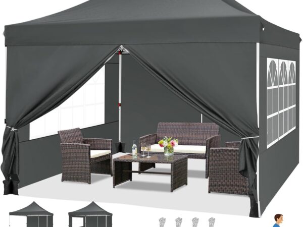 COBIZI Folding Gazebo 3 x 3, Gazebo 3 x 3 m Waterproof Stable Winterproof Foldable Party Tent with 4 Side Walls & 4 Sandbags Pop Up Garden Gazebo Anti-UV for Weddings Outdoor Grey