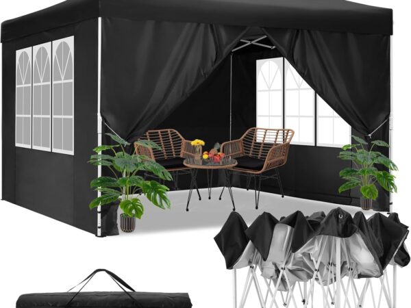COBIZI Gazebo 3 x 3 m Waterproof Stable Winterproof Folding Gazebo Party Tent Garden Gazebo with Ventilation 4 Side Panels 4 Sandbags Height Adjustable Pop Up Foldable Garden Tent, Black