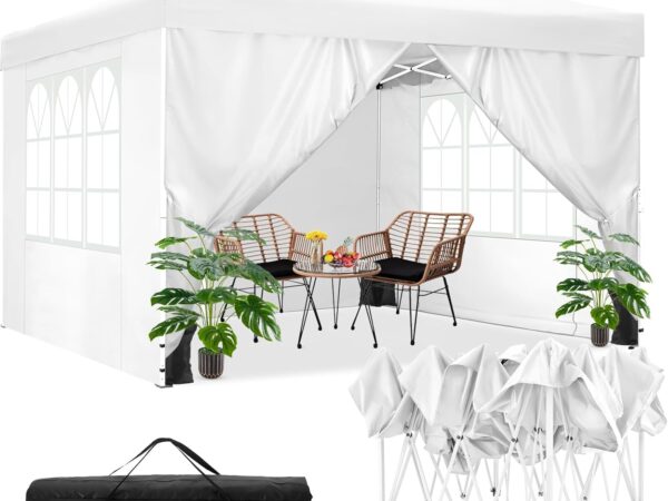 COBIZI Folding Gazebo 3 x 3 m Waterproof Stable Winterproof Gazebo Party Tent Garden Gazebo with Ventilation 4 Side Panels 4 Sandbags Height Adjustable Pop Up Foldable Garden Tent, White