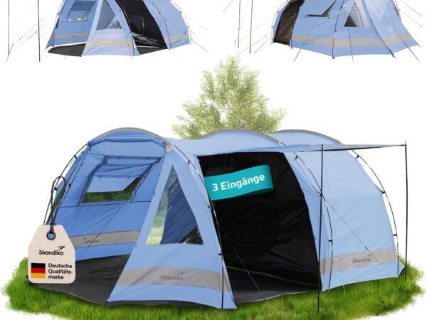 Skandika Kambo Tunnel Tent 6 - 12 People | Tent for 6-12 Men, Waterproof, 3000 mm Hydrostatic Head, 3 Separate Entrances, Awning, Awning Tent, Dark Sleeping Cabin, Camping Family Tent, Large Capacity