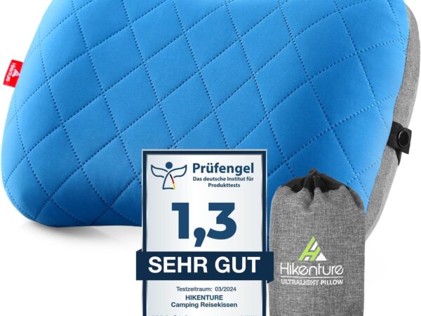 Hikenture inflatable camping travel pillow with removable cushion cover, ergonomic pillow, comfortable neck pillow for travel/outdoor, inflatable travel neck pillow, blue/black/grey