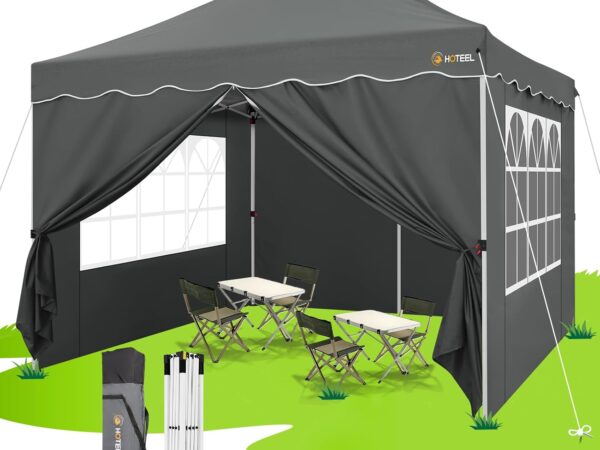 HOTEEL Gazebo 3 x 3 Folding Gazebo 3 x 3 Waterproof Stable with 4 Side Panels and 4 Sand Bags UV Protection 50+ Party Tent Garden Gazebo Pop Up Gazebo Steel Frame High Peak Grey